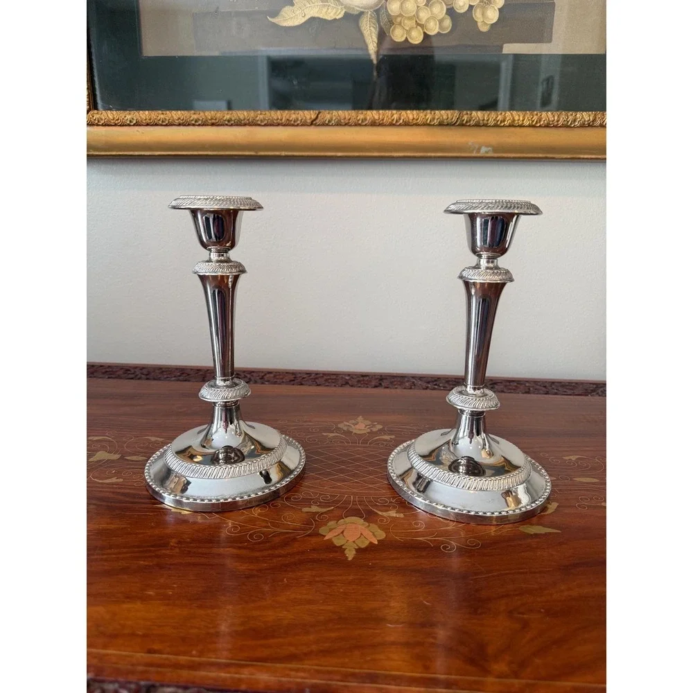 Vintage‎ Silver Plate Candlestick Pair • Neoclassical Taper Holders 7.75
